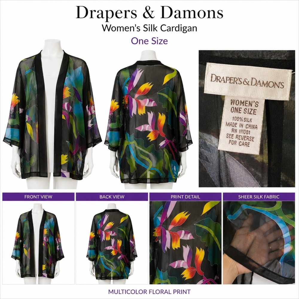 Drapers & Damons Womens Silk Cardigan One Size Sheer Floral Print Kimono Black